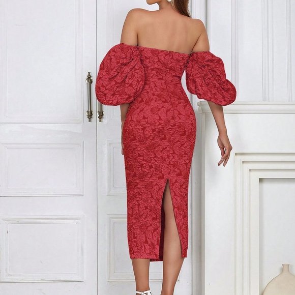 Off Shoulder Puff Sleeve Split Back Floral Jacquard Dress Red - Picture 3 of 5